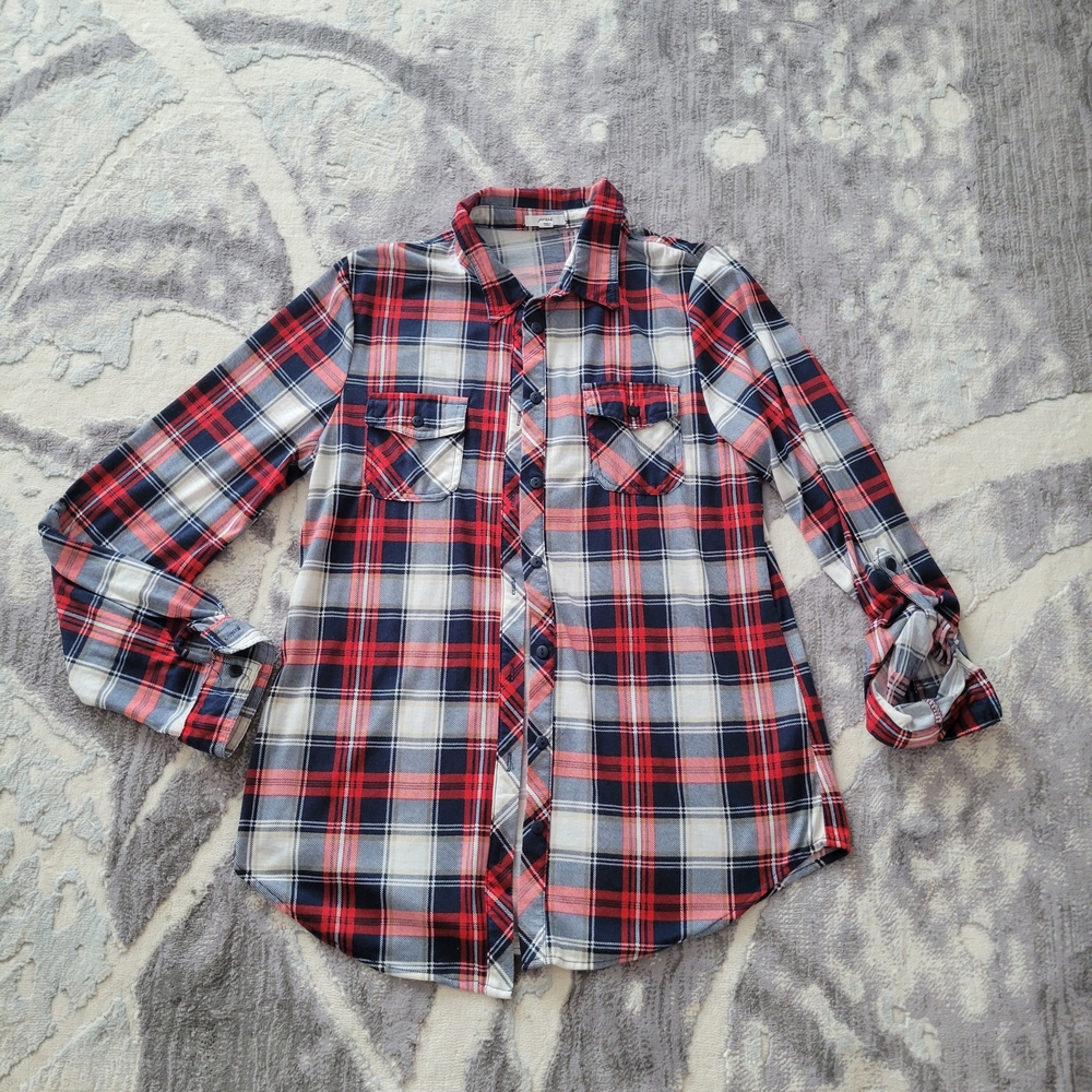 Ardene Red, Navy and White Plaid Button-Down Shirt for Women Size L